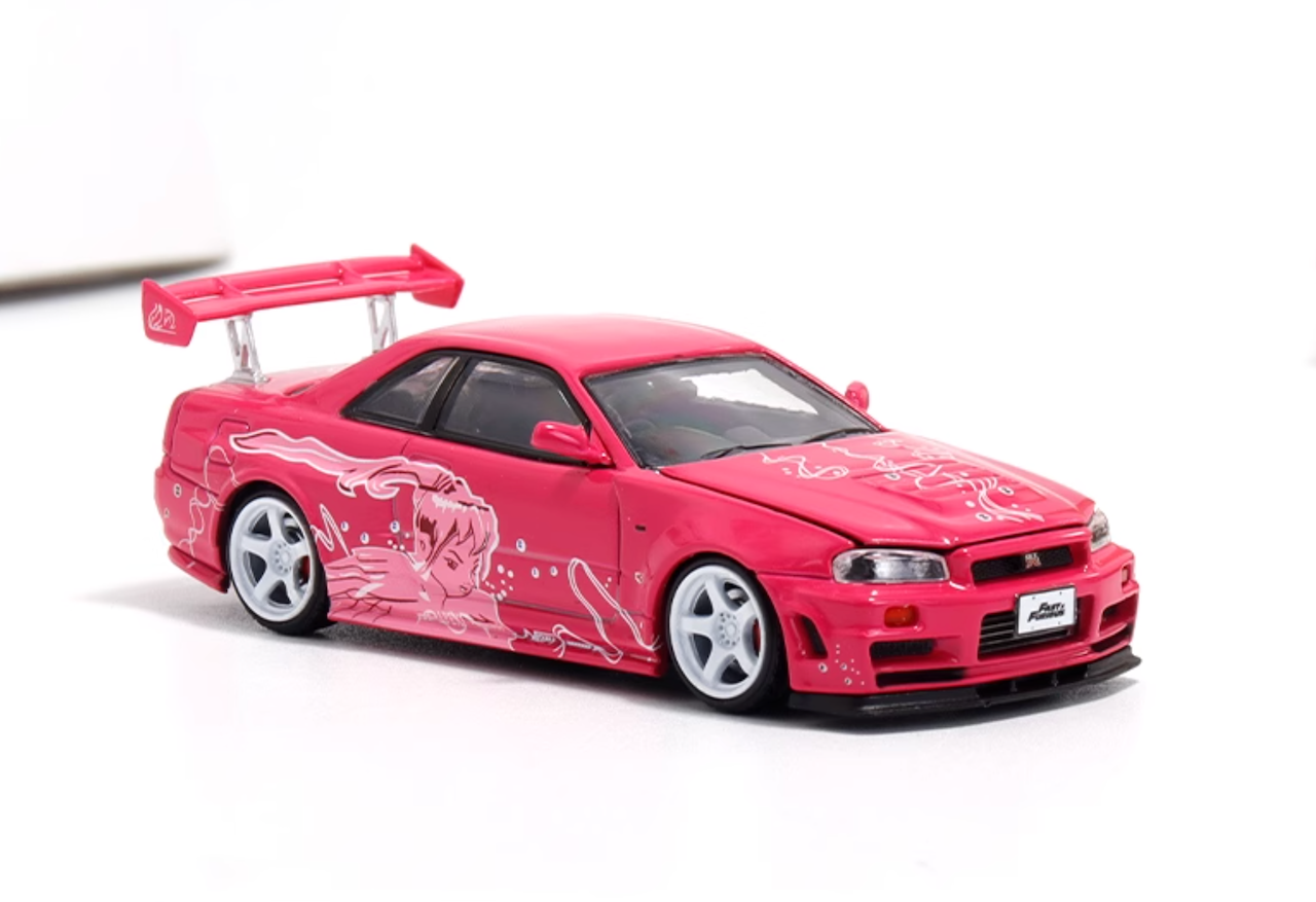 TM 1:64 JDM Pink Skyline GTR R34 Racing Sports Model Diecast Metal