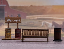 Load image into Gallery viewer, 1:64 Painted Figure Model Miniature Resin Diorama Oil Drum Road Sign Bench Set