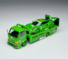 Load image into Gallery viewer, 1:64 Green Dinosaur H300 Trailer Truck 911 GT3 Set Model Diecast Metal Car New Collection