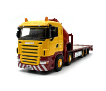 Load image into Gallery viewer, 1:76 Yellow Scania R Flatbed Trailer Crane Truck Model Diecast Metal Car New Collection