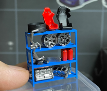 Load image into Gallery viewer, 1:64 Storage Shelf Engine Part Seat Rims Garage Scene Model Resin Display Car