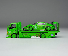 Load image into Gallery viewer, 1:64 Green Dinosaur H300 Trailer Truck 911 GT3 Set Model Diecast Metal Car New Collection
