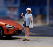 Load image into Gallery viewer, 1:64 Painted Figure Model Miniature Resin Girl Blue Top Shopping bag White Hat