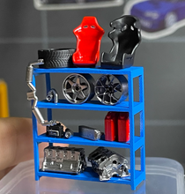 Load image into Gallery viewer, 1:64 Storage Shelf Engine Part Seat Rims Garage Scene Model Resin Display Car