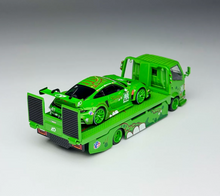 Load image into Gallery viewer, 1:64 Green Dinosaur H300 Trailer Truck 911 GT3 Set Model Diecast Metal Car New Collection