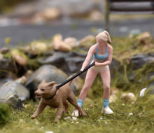 Load image into Gallery viewer, 1:64 Painted Figure Model Miniature Resin Sand Dog Walking Girl Lady Woman Pet