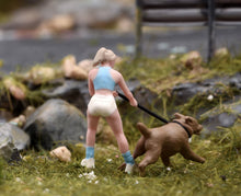 Load image into Gallery viewer, 1:64 Painted Figure Model Miniature Resin Sand Dog Walking Girl Lady Woman Pet