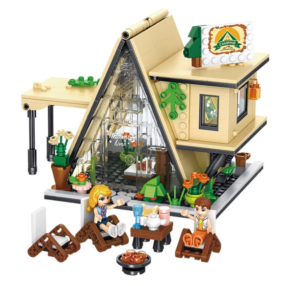 579PCS MOC City Camping Tent Glamping House Figure Model Toy Building Block Brick Gift Kids Compatible Lego Light