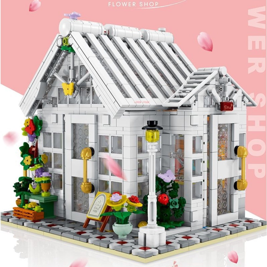 1593PCS MOC City Street Sweet Flower Floral Shop House Store Model Toy Building Block Brick Gift Kids Compatible Lego Light