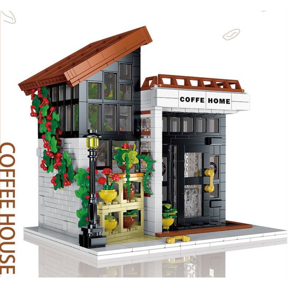 1512PCS MOC City Street Sweet Coffee Cafe Bar Shop House Model Toy Building Block Brick Gift Kids Compatible Lego Light