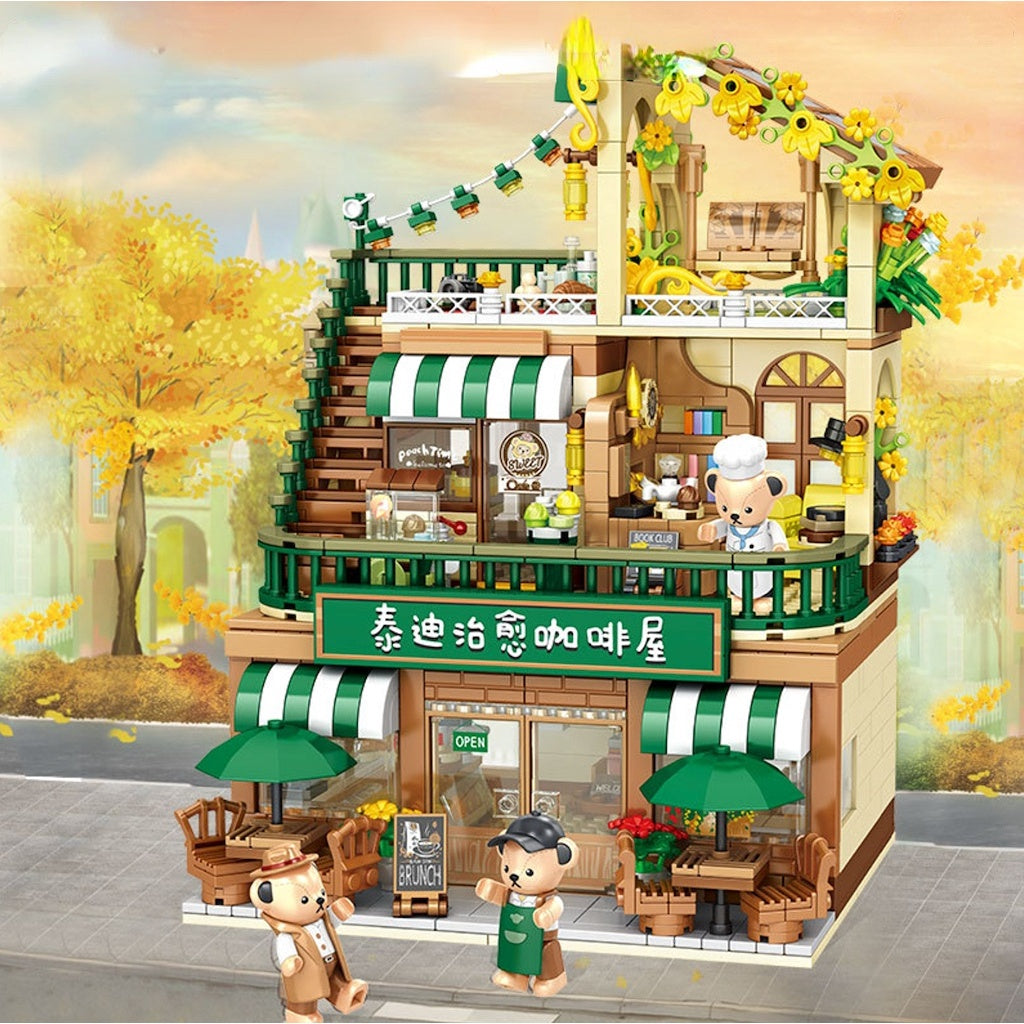 1381PCS MOC City Street Cute Bear Coffee Shop Cafe Restaurant Figure Model Toy Building Block Brick Gift Kids DIY Compatible Lego