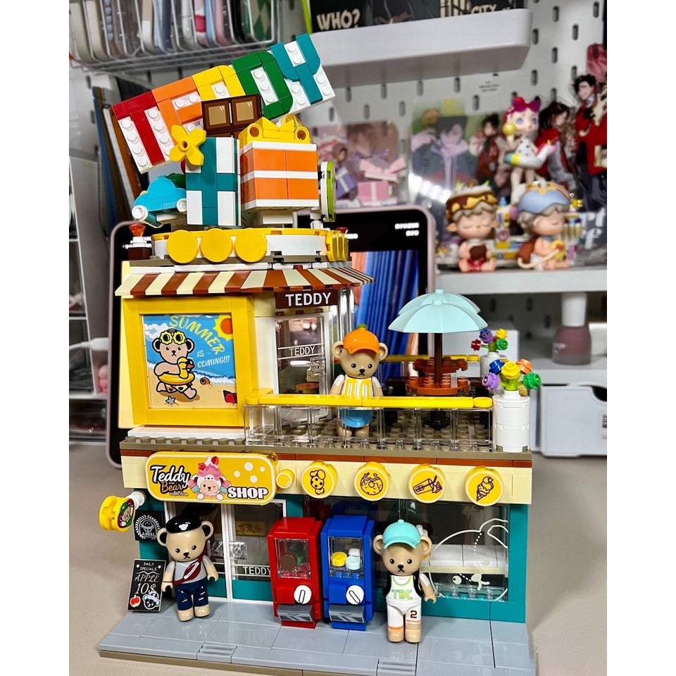 1156PCS MOC City Street Cute Bear Convenience Store Shop Minimart Figure Model Toy Building Block Brick Gift Kids DIY Compatible Lego