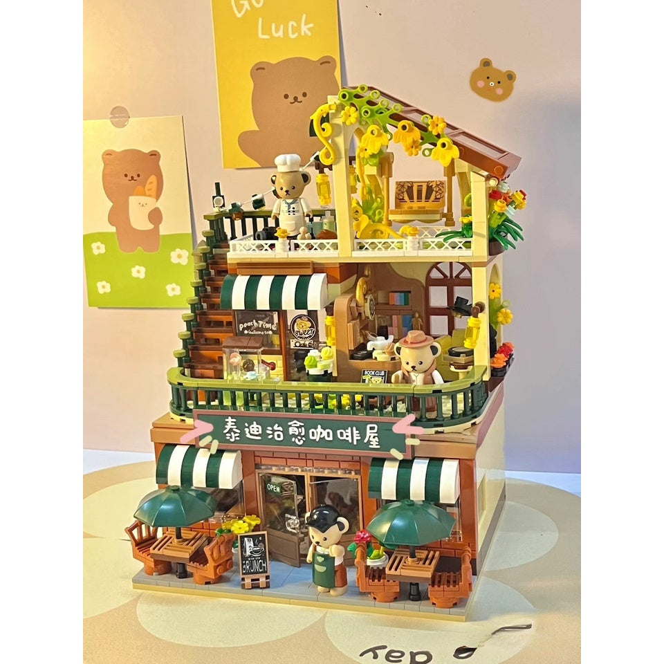 1381PCS MOC City Street Cute Bear Coffee Shop Cafe Restaurant Figure Model Toy Building Block Brick Gift Kids DIY Compatible Lego