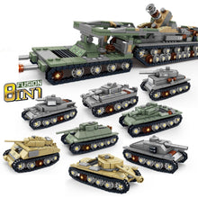 Load image into Gallery viewer, 1475PCS Military WW2 8in1 Heavy Gustav Karl Cannon T34 T38 Stug Tiger M4 Sherman M26 KV1 Tank Model Toy Building Block Brick Gift Kids DIY Set New Compatible Lego