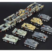 Load image into Gallery viewer, 1475PCS Military WW2 8in1 Heavy Gustav Karl Cannon T34 T38 Stug Tiger M4 Sherman M26 KV1 Tank Model Toy Building Block Brick Gift Kids DIY Set New Compatible Lego