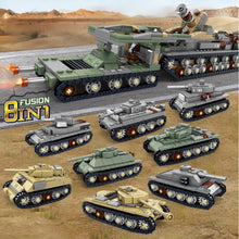 Load image into Gallery viewer, 1475PCS Military WW2 8in1 Heavy Gustav Karl Cannon T34 T38 Stug Tiger M4 Sherman M26 KV1 Tank Model Toy Building Block Brick Gift Kids DIY Set New Compatible Lego