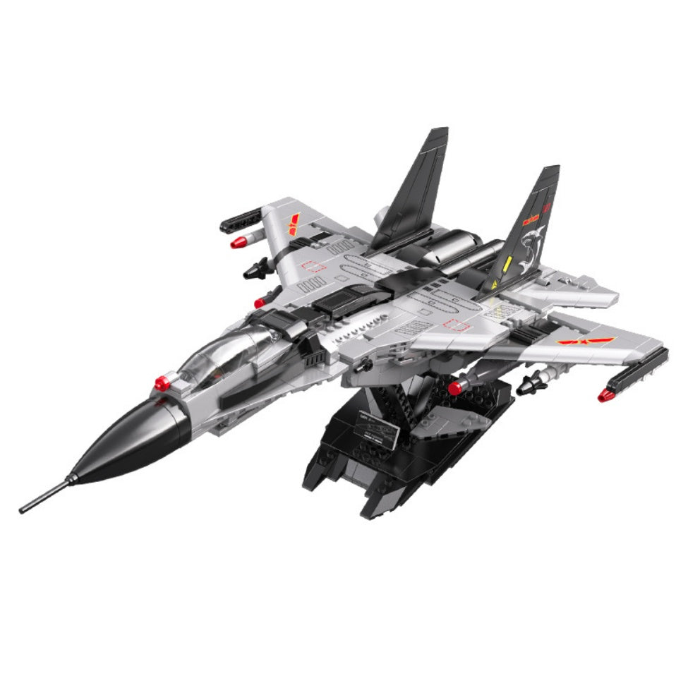 1011PCS Military WW2 J-15 Flying Shark Flanker-D Air Fighter Aircraft Plane Model Toy Building Block Brick Gift Kids Compatible Lego Display Stand