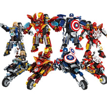 Load image into Gallery viewer, 487PCS 4 Sets 2in1 Deformation Avenger Thor Captain Spider Iron Man Motorcycle Motor Bike Figure Model Toy Building Block Brick Gift Kids Compatible Lego