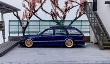Load image into Gallery viewer, Mortal 1:64 Blue Gold Rim S124 E300 Wagon Roof Bike Model Diecast Metal Car
