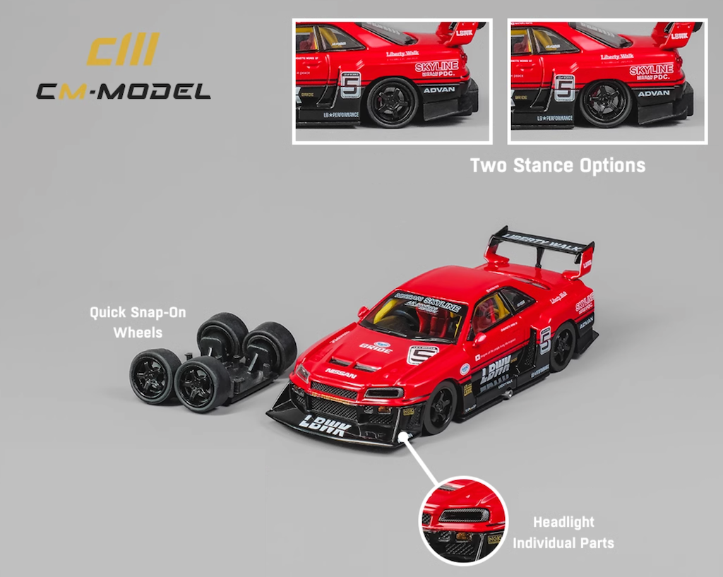 CM 1:64 Red JDM LBWK GTR ER34 #5 Racing Sports Model Diecast Metal Car New