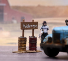 Load image into Gallery viewer, 1:64 Painted Figure Model Miniature Resin Diorama Oil Drum Road Sign Bench Set
