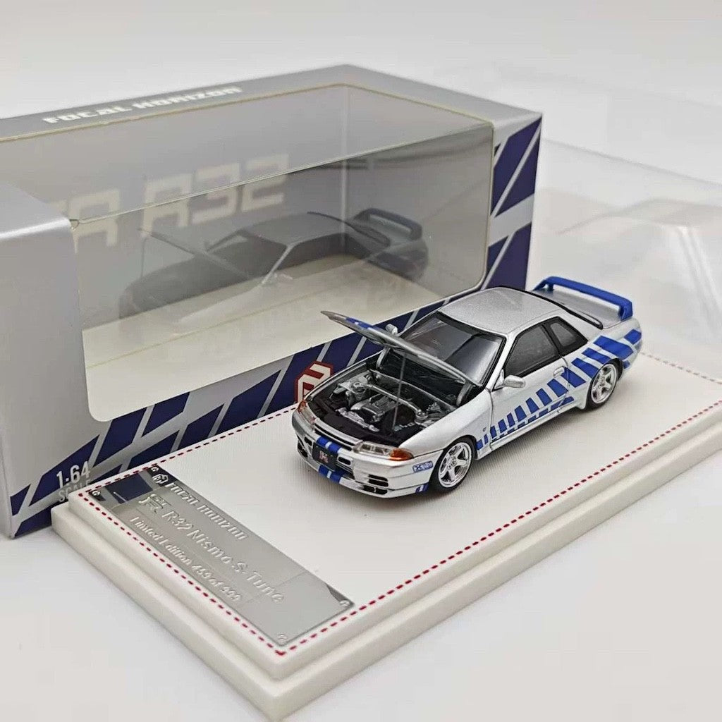 FH 1:64 Silver Blue Skyline GTR R32 Nismo Sports Model Diecast Metal Car New Collection