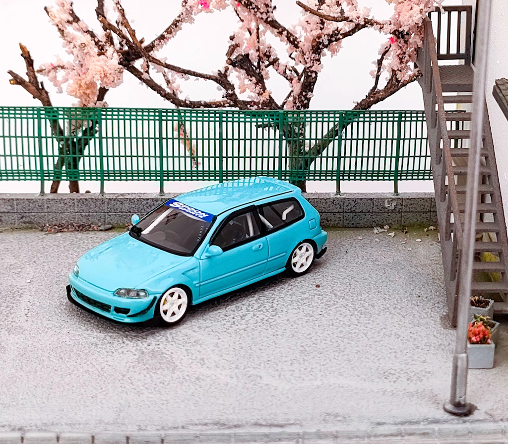 YM 1:64 JDM Blue Spoon Civic EG6 Hatchback Sports Model Diecast Resin Car New