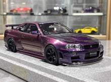 Load image into Gallery viewer, MH 1:18 Purple Skyling GTR R34 Nismo RB26DETT Engine Model Diecast Metal Car
