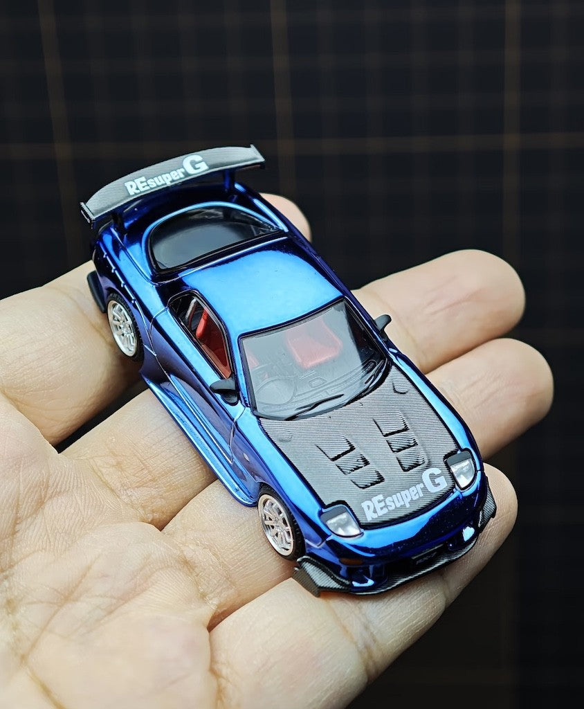 Poprace 1:64 Plating Blue RX7 FD RE Widebody Sport Model Diecast Metal Car New Collection