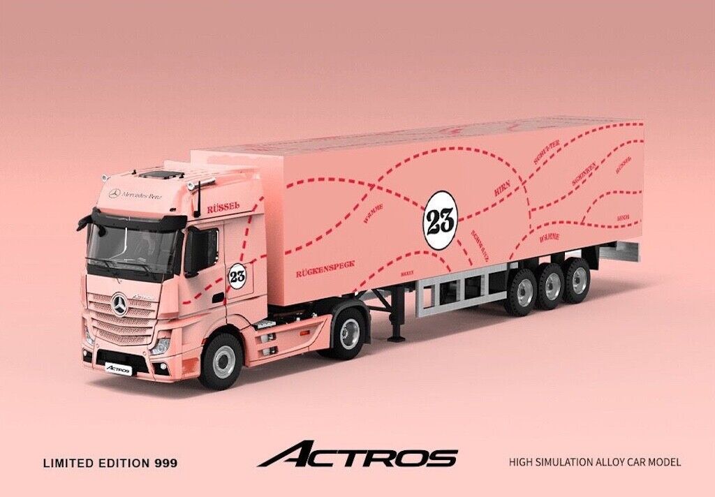 TM 1:64 Pink Scania Actros Container Delivery Truck Model Diecast Metal Car