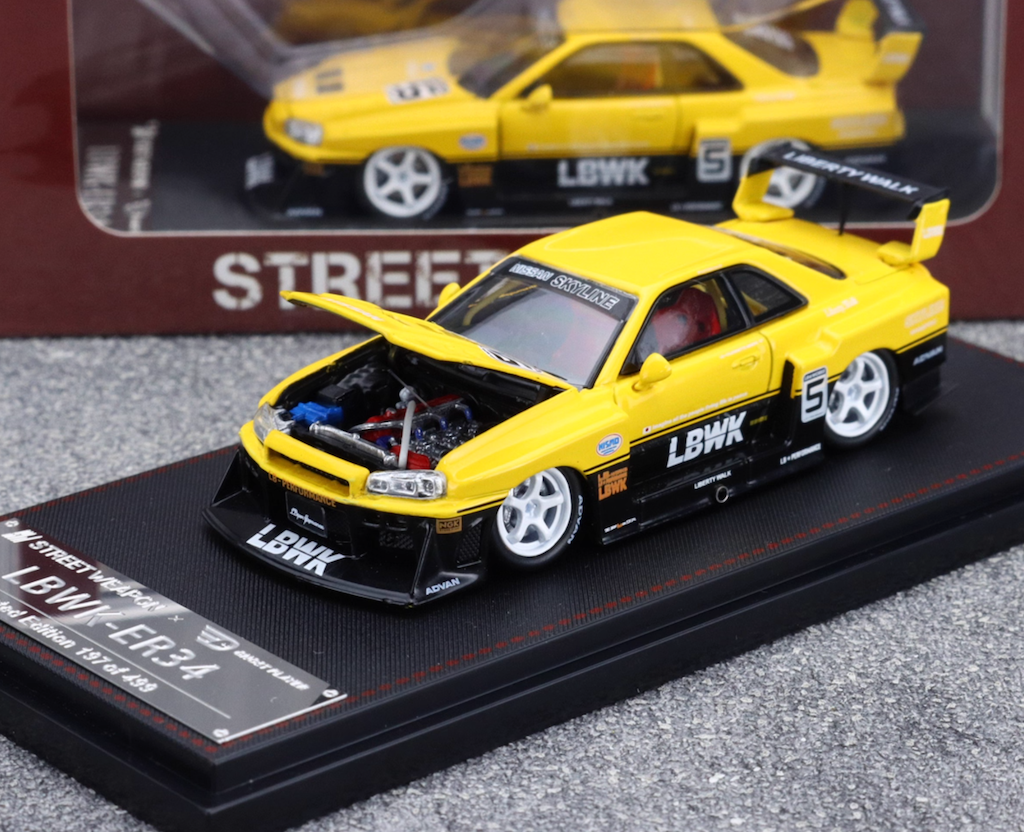 SW 1:64 Yellow Black Skyline GTR ER34 LBWK #5 Sports Model Diecast Metal Car