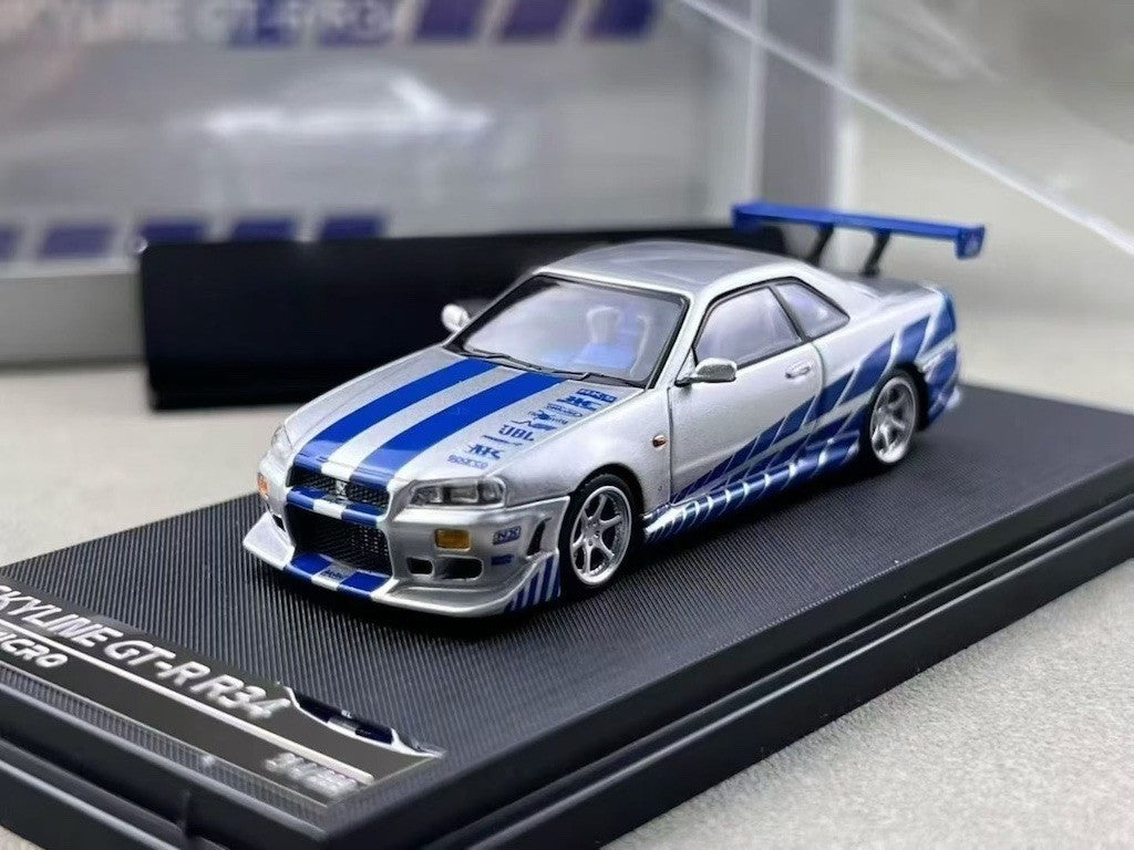 Fnf R35 TM 1:64 Silver Blue FNF Skyline GTR R34 Sports Model Diecast Metal Car ...