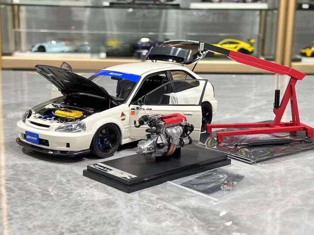MH 1:18 White Civic Type R EK9 Spoon B16B Vtec Engine Model Diecast Metal Car