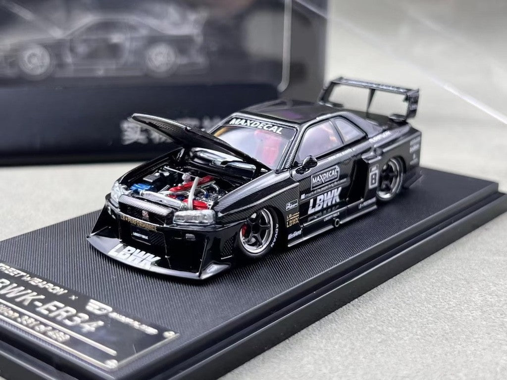 SW 1:64 Black Carbon Skyline GTR ER34 LBWK #8 Sports Model Diecast Metal Car
