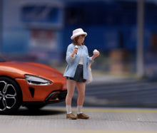 Load image into Gallery viewer, 1:64 Painted Figure Model Miniature Resin Girl Blue Top Shopping bag White Hat

