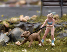 Load image into Gallery viewer, 1:64 Painted Figure Model Miniature Resin Sand Dog Walking Girl Lady Woman Pet
