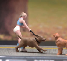 Load image into Gallery viewer, 1:64 Painted Figure Model Miniature Resin Sand Dog Walking Girl Lady Woman Pet
