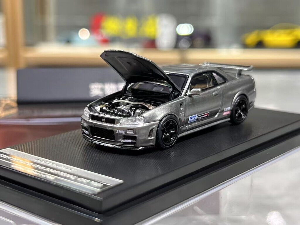 MH 1:64 Gray Skyline GTR R34 NISMO CRS VER Sports Model Diecast Metal Car New Collection