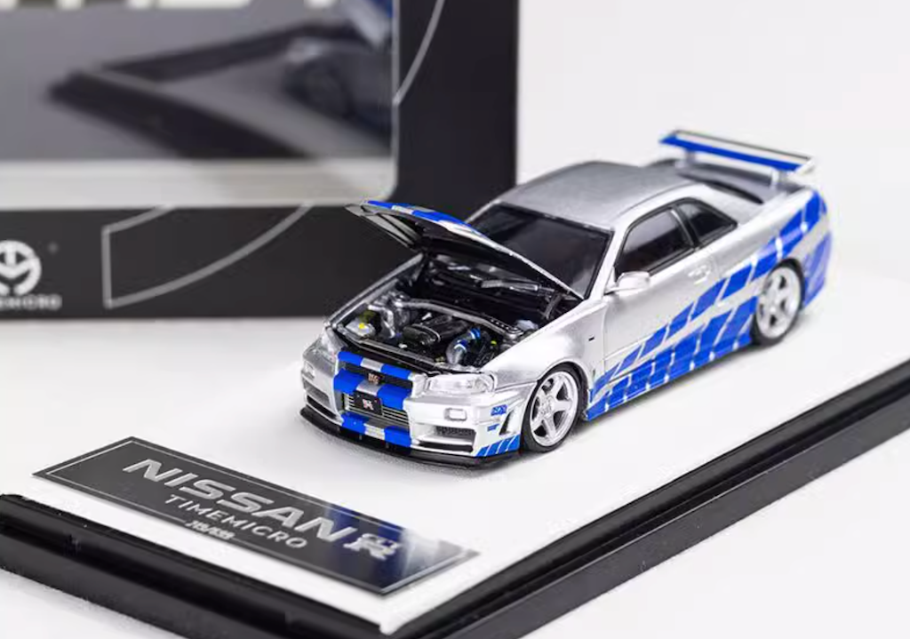 TM 1:64 Silver Blue Skyline GTR R34 FNF Sports Model Diecast Metal Car New Collecction