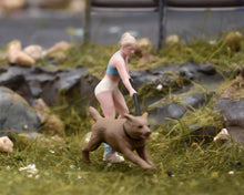 Load image into Gallery viewer, 1:64 Painted Figure Model Miniature Resin Sand Dog Walking Girl Lady Woman Pet
