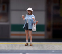 Load image into Gallery viewer, 1:64 Painted Figure Model Miniature Resin Girl Blue Top Shopping bag White Hat
