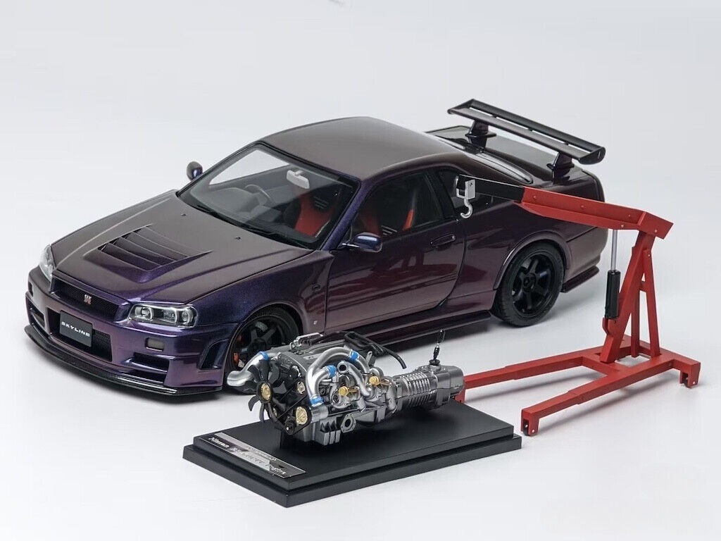 MH 1:18 Purple Skyling GTR R34 Nismo RB26DETT Engine Model Diecast Metal Car