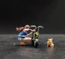 Load image into Gallery viewer, 1:64 Painted Figure Miniature Mini Resin Model Diorama Woman Scooter Dog Set
