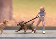 Load image into Gallery viewer, 1:64 Painted Figure Model Miniature Resin Sand Dog Walking Girl Lady Woman Pet
