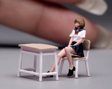 Load image into Gallery viewer, 1:64 Painted Figure Model Miniature Resin Sand Uniform Girl Desk Chair Set
