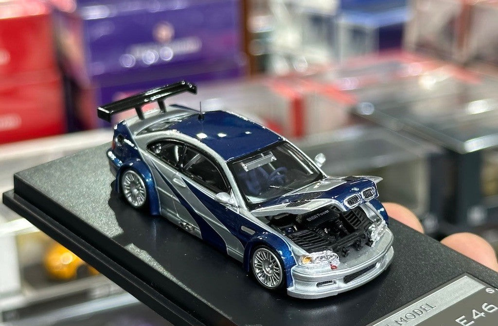 MJ 1:64 NFS Silver Blue M3 GTR E46 Coupe Sports Model Diecast Metal Car New Collection