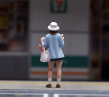 Load image into Gallery viewer, 1:64 Painted Figure Model Miniature Resin Girl Blue Top Shopping bag White Hat
