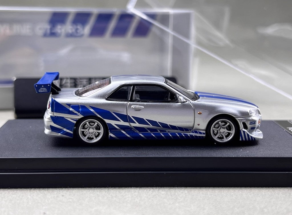 TM 1:64 Silver Blue FNF Skyline GTR R34 Sports Model Diecast Metal Car ...