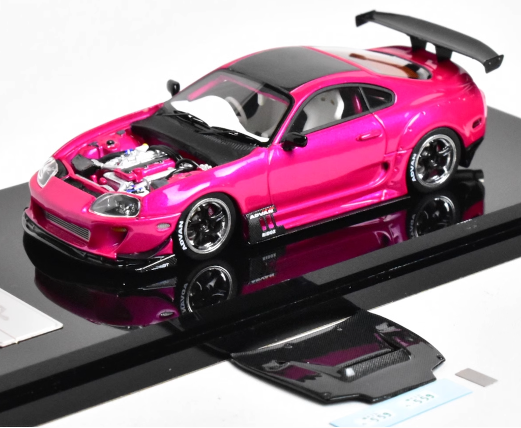 YM 1:64 JDM Pink Supra A80 JAZ80 Racing Sports Model Diecast Resin Car New Collection