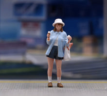 Load image into Gallery viewer, 1:64 Painted Figure Model Miniature Resin Girl Blue Top Shopping bag White Hat
